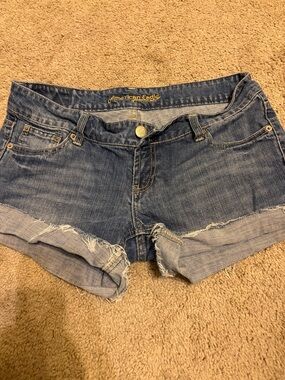 American Eagle Outfitters Distressed Rolled Hem Denim Shorts - Blue